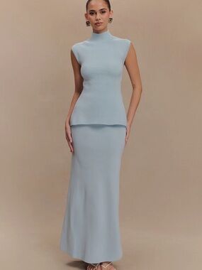 Meshki Maxine Mock Neck Knit Top & Maxi Skirt Set - Light Blue